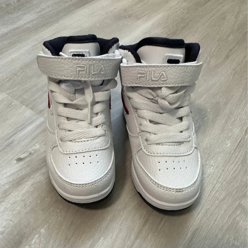 Kids Fila White High Top Sneakers Hook and Loop Closure‎ Red Blue Accent Sz 8